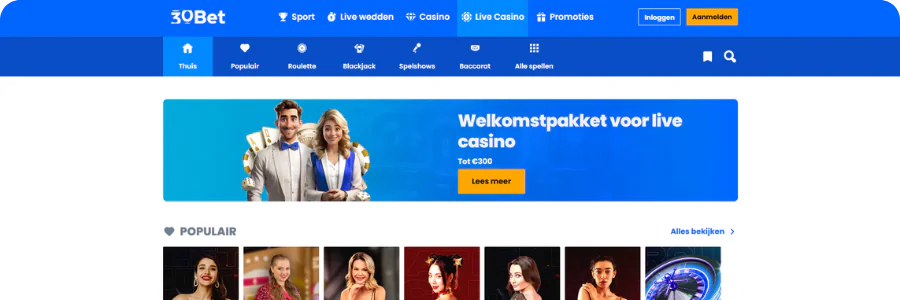 30Bet Live casino met echte dealers